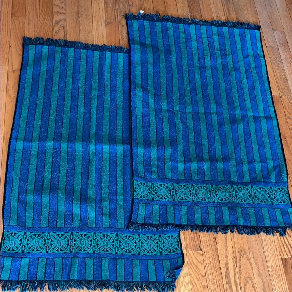 2 Montgomery Ward STYLE HOUSE Green Blue Striped Bath Towels MCM Bathroom *READ*